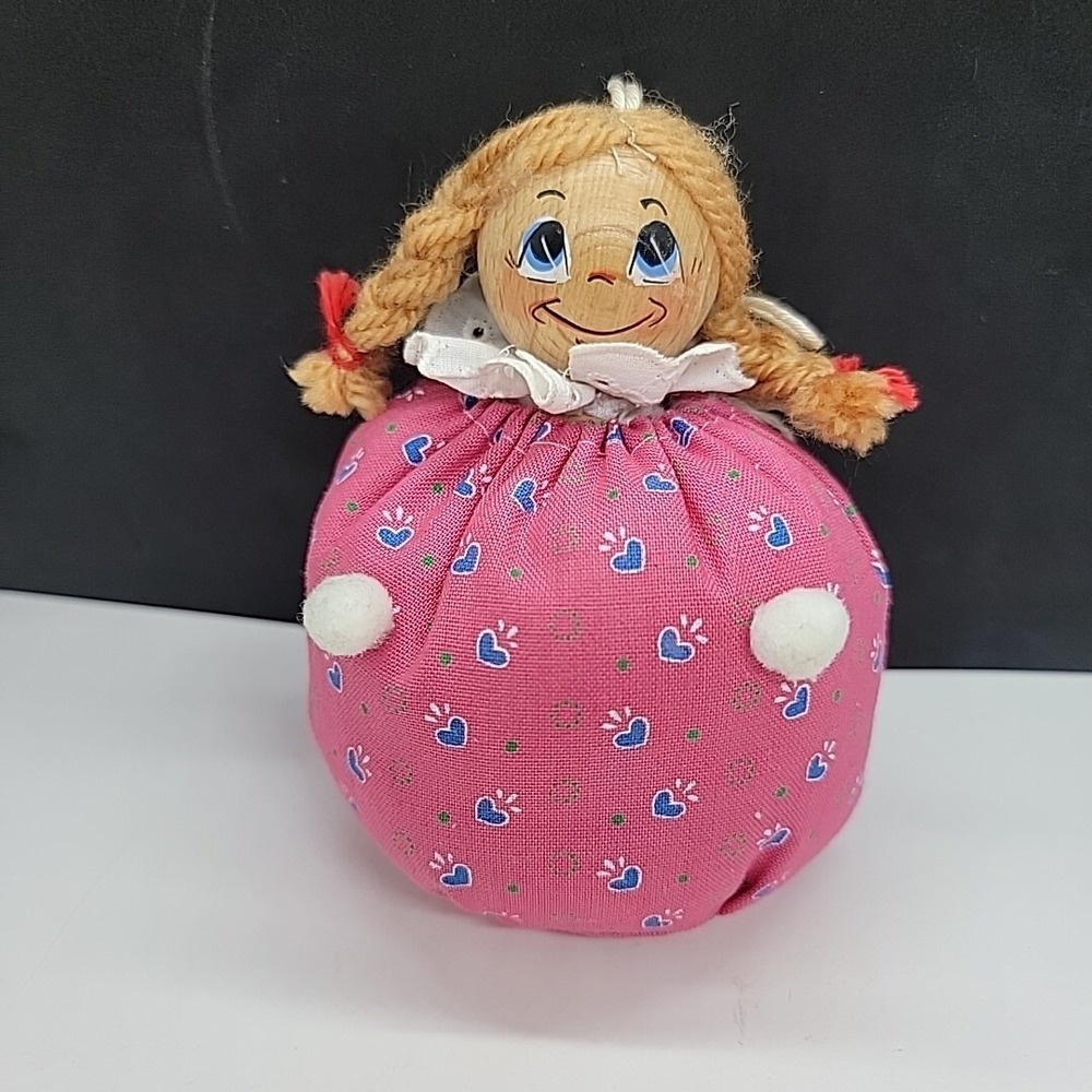 Vintage Fellinger Geschenke Wood Face Girl Pigtails Pin Cushion Doll W Germany